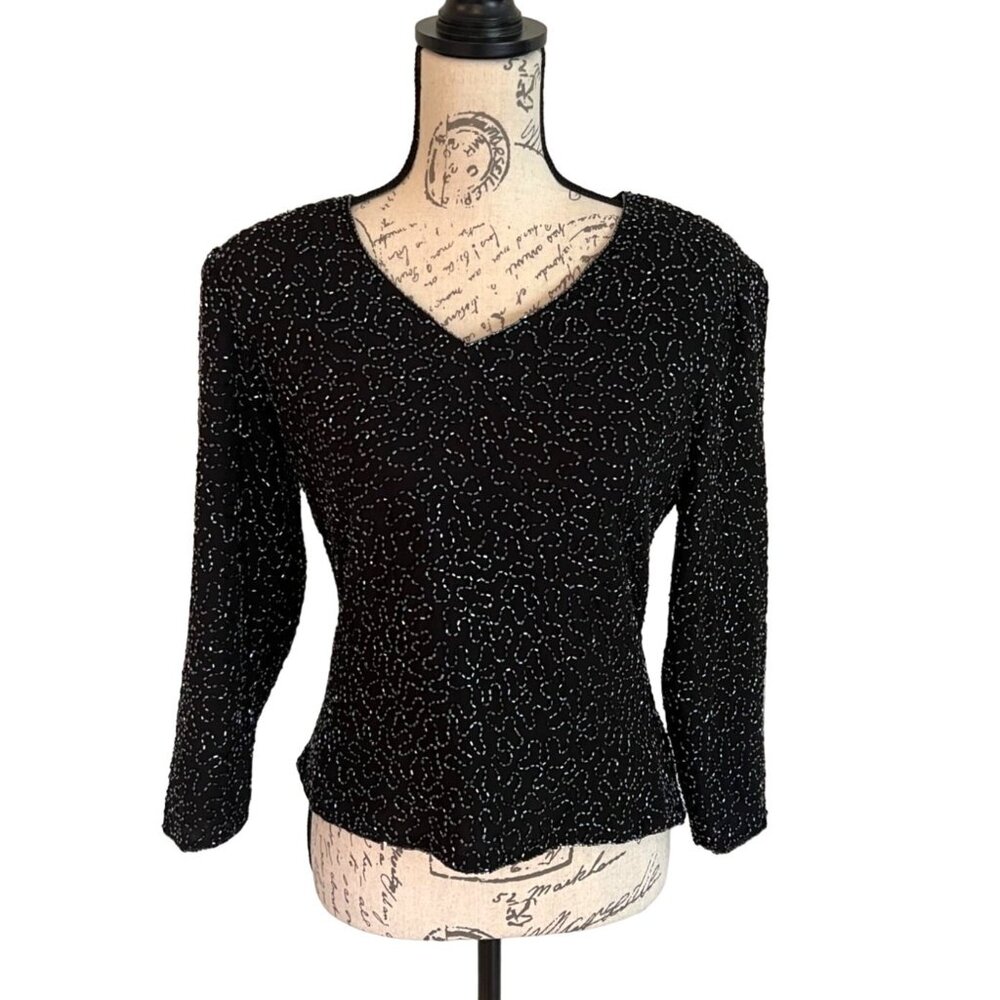 Vintage Leslie Fay Evenings Beaded Black Formal Blouse Women's Medium